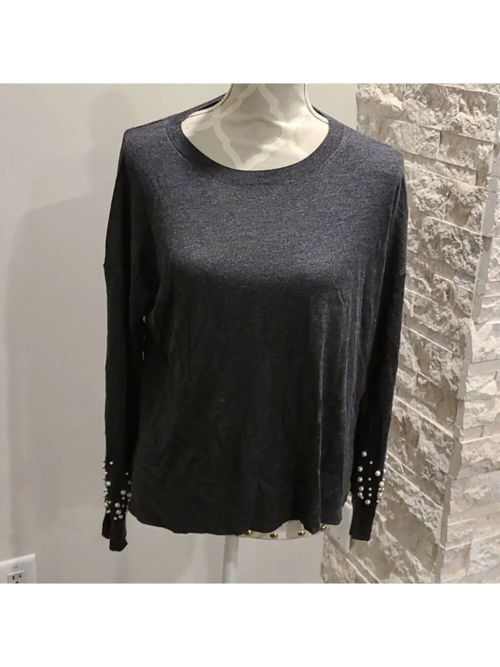 Zara Knit Faux Pearl Sleeve Long Sleeve Sweater